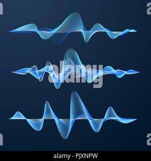 Blue sound waves track design. Set of audio waves. Abstract equalizer. Vector illustration isolated on dark background Stock Vector