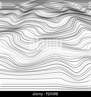 Stripe deformation background. Distorted wave monochrome texture. Abstract dynamical rippled surface from line. Vector illustration Stock Vector