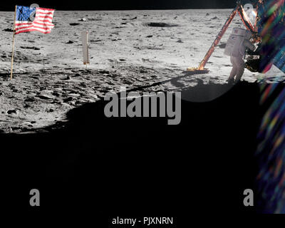 The Moon - (FILE) -- Apollo 11 astronauts trained on Earth to take individual photographs in succession in order to create a series of frames that could be assembled into panoramic images. This frame from Aldrin's panorama of the Apollo 11 landing site is the only good picture of mission commander Neil Armstrong on the lunar surface taken on July 20, 1969.  This photo is part of the book 'Apollo: Through the Eyes of the Astronauts' published to commemorate the 40th anniversary of the first manned lunar landing on July 20, 1969. Credit: NASA via CNP /MediaPunch Stock Photo