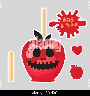 Apple with red caramel Sweet candy on sticks. Happy Halloween dessert. Vector illustration on gray background. Stock Vector