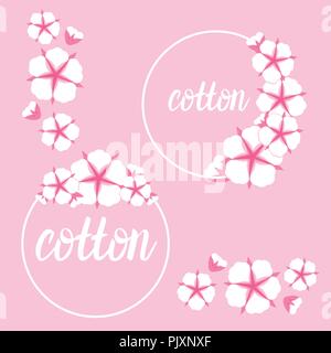 Set Cotton flower frame. Flat style cute colorful background. Vector illustration. Stock Vector