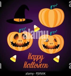 Set Happy Halloween design. Flat Jack pumpkin lantern. Vector illustration on a dark background. Stock Vector
