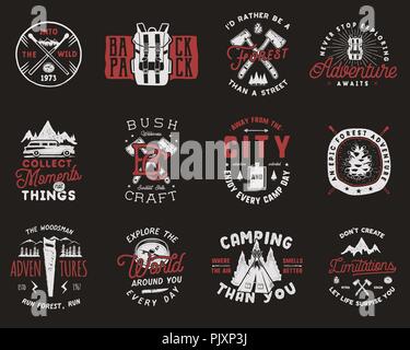 Travel Badges Set. Camping logos with hiking icons and symbols. Vintage adventure emblems collection. Included mountains, tents, forest elements. Stock vector isolated on dark background Stock Vector