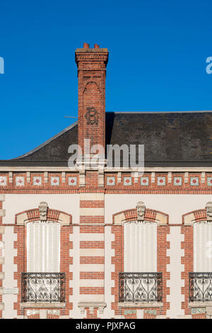 Detail view of house window shutters and decorative brickwork, Jargeau, Loiret department, France, Europe Stock Photo