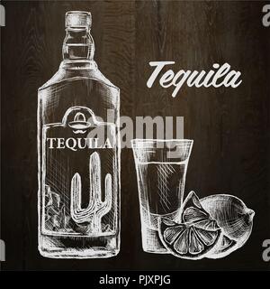 Bottle of tequila with lime and glass. painted by hand Stock Vector