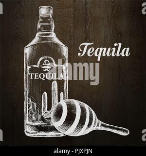 Bottle of tequila with lime and glass. painted by hand Stock Vector