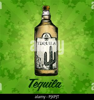 Bottle of tequila with lime and glass. painted by hand Stock Vector