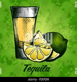 Bottle of tequila with lime and glass. painted by hand Stock Vector