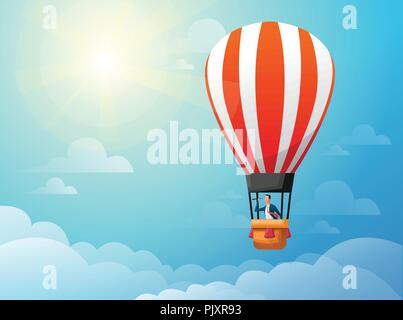 Businessman in hot air balloon search to success in bright day. Business concept. Stock Vector