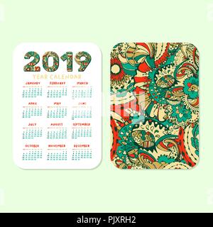 2019 Pocket Calendar Basic Grid. Vector Vertical Orientation. White Printable Template. Colorful Doodles Numbers. Week starts on Sunday. Xmas or New Year Theme, Christmas Poster Design Stock Vector