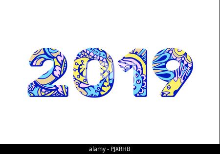 2019 Year Doodles Numbers in Blue and Yellow Memphis Trendy Style. Xmas or Happy New Year Holiday Greeting Card Design. Isolated Vector Poster Template Stock Vector