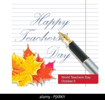 vector hand drawn teachers day lettering greetings label - happy teachers day - with realistic paper pages, pencils and stickers on chalkboard background. Stock Vector