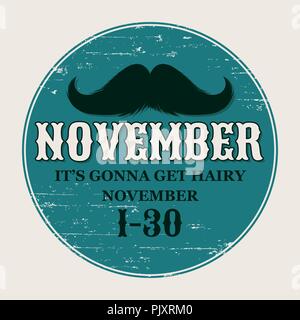 Moustaches Challenge. Aged Retro Poster. Round or Circle Sticker for November Challenge. Black Silhouette and Lettering with Word November. Cinco de Mayo Mustache, Mustache Carnival Stock Vector