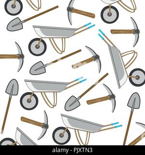 Worker tools wheelbarrow and shovel with pickax pattern Stock Vector