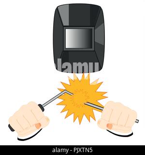 Electric welding in hand worker and defensive mask Stock Vector