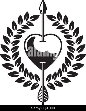 Vector illustration of heart pierced by arrow with laurel wreath. Tattoo style drawing of love symbol featuring heart with cupid’s arrow through it. Stock Vector