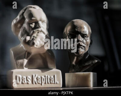 Cardiff, UK. September 2018. Busts of Karl Marx and Vladimir Lenin under natural light. Stock Photo