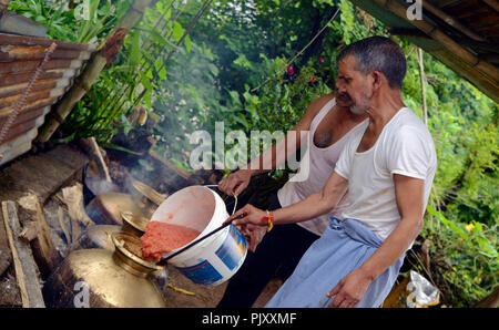 Cooking Food  Outdoors Using Fire Woods in Village Stock Photo