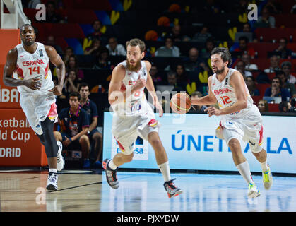 Sergio Llull, Sergio Chacho Rodriguez and Serge Ibaka. Spain Basketball National Team. World Cup 2014 Stock Photo