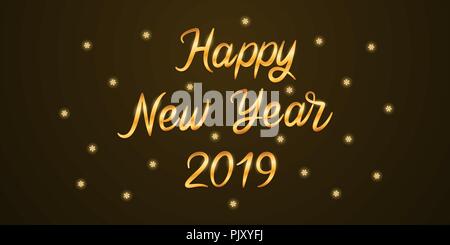 Golden lettering of Happy New Year 2019. Vector illustration of New Year Lettering with Glitters and Stars on the Black background. Golden handwritten Stock Vector