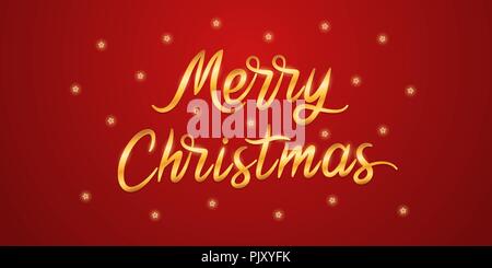 Golden lettering of Merry Christmas. Vector illustration of Christmas Lettering with Glitters and Stars on the Red background. Golden handwritten Text Stock Vector