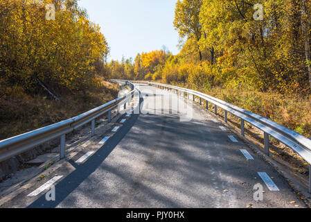 Empty road leading through fall foliage forest in the autumn Stock Photo