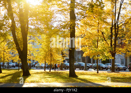 VILNIUS, LITHUANIA - OCTOBER 12, 2017: People walking down the streets of Vilnius Old Town. Beautiful sunny autumn day in the capital of Lithuania. Stock Photo