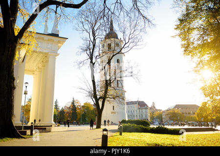 VILNIUS, LITHUANIA - OCTOBER 12, 2017: Lots of people walking down the streets of Vilnius Old Town. Beautiful sunny autumn day in the capital of Lithu Stock Photo