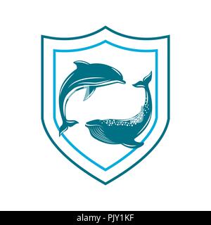 World Animal Day. 4 October. The concept of an ecological holiday. Whale and dolphin in a shield Stock Vector