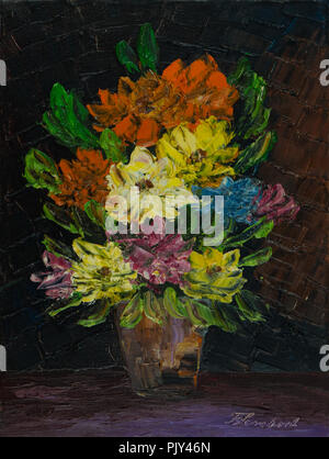 Oil painting - Various colorful flowers standing on the table in a vase Stock Photo