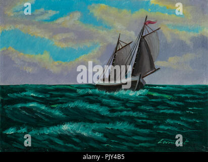 Oil painting - Sailing ship in blue-green water with light waves Stock Photo