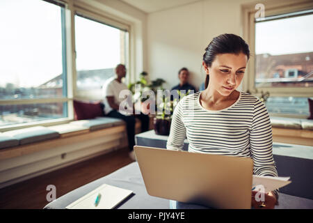 Focused young businesswoman reading paperwork and working on a laptop while sitting on her office desk with coworkers talking in the background Stock Photo
