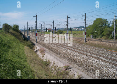 Westbahn Railroad Tracks in the Field in the Mostviertel Region of Lower Austria Stock Photo
