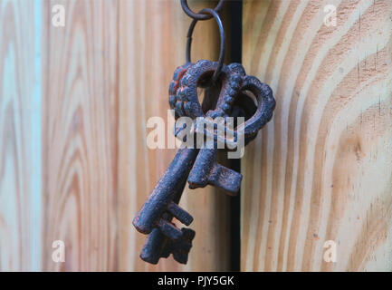 Closed Up Dark Color Crown Shaped Vintage Metal Keys on the Light Color Wooden Door, Texture Background Stock Photo