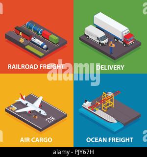 Cargo transportation including ocean and railroad freight, air delivery, trucking - vector isometric design concept illustration Stock Vector