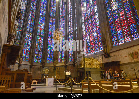 Marien's shrine (in front) and Karl's shrine (behind) in the choral hall, cathedral, Aachen, North Rhine-Westphalia, Germany, Marienschrein (vorne) un Stock Photo