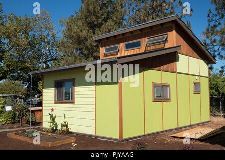 A house at Emerald Village, a tiny house community in Eugene, Oregon, USA. Stock Photo