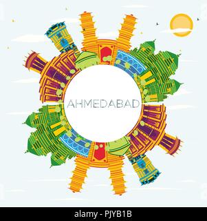 Ahmedabad India City Skyline with Color Buildings, Blue Sky and Copy Space. Vector Illustration. Stock Vector