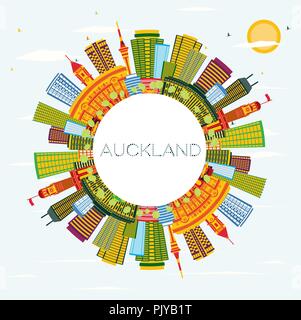 Auckland New Zealand City Skyline with Color Buildings, Blue Sky and Copy Space. Vector Illustration. Stock Vector