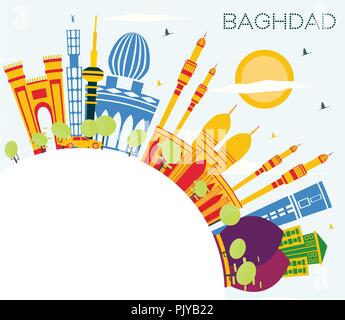 Baghdad Iraq City Skyline with Color Buildings, Blue Sky and Copy Space. Vector Illustration. Stock Vector