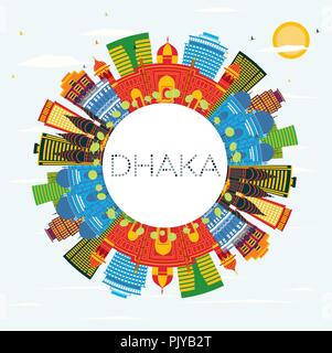 Dhaka Bangladesh City Skyline with Color Buildings, Blue Sky and Copy Space. Vector Illustration. Stock Vector