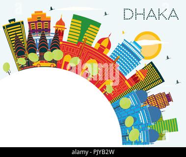 Dhaka Bangladesh City Skyline with Color Buildings, Blue Sky and Copy Space. Vector Illustration. Stock Vector