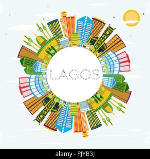 Lagos Nigeria City Skyline with Color Buildings, Blue Sky and Copy Space. Vector Illustration. Stock Vector