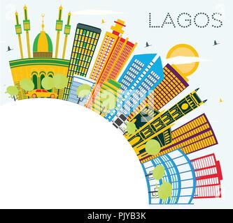 Lagos Nigeria City Skyline with Color Buildings, Blue Sky and Copy Space. Vector Illustration. Stock Vector