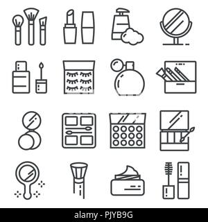 Beauty and cosmetic line icons set with makeup mirror, lipstick, eyeshadows, brush, cream, perfume Stock Vector
