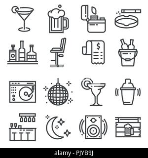 Vector line bar and pub icons set. Cigarette, lighter, beer, cocktail, shaker, ball disco and more Stock Vector
