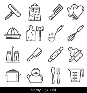 Line kitchen tool collection - vector silhouette. Grater, corkscrew, fruit knife, whisk, ladle and more Stock Vector