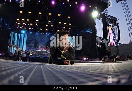 Singer Robbie Williams on 6 July 2003 on stage in Munich - Germany