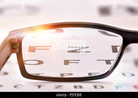 Concept of eye revision with sheet with letters and correction glasses. Front view. Horizontal composition Stock Photo