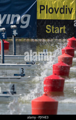 Plovdiv, Bulgaria, Sunday, 9th September 2018. FISA, World Rowing Championships, Start of a heat  of the Lightweight,  Men's Double Sculls,  © Peter SPURRIER, Alamy Live  News, Stock Photo
